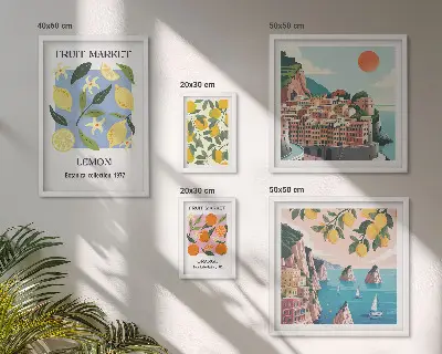 Lot de tableaux encadrés représentant des paysages de fruits vintage
