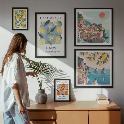 Lot de tableaux encadrés représentant des paysages de fruits vintage