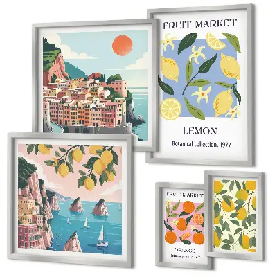 Lot de tableaux encadrés représentant des paysages de fruits vintage