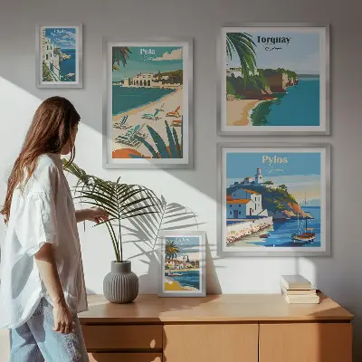 Ensemble de 5 tableaux représentant des paysages côtiers d'Europe