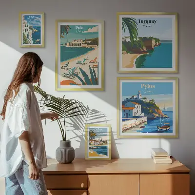 Ensemble de 5 tableaux représentant des paysages côtiers d'Europe