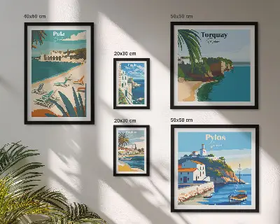 Ensemble de 5 tableaux représentant des paysages côtiers d'Europe