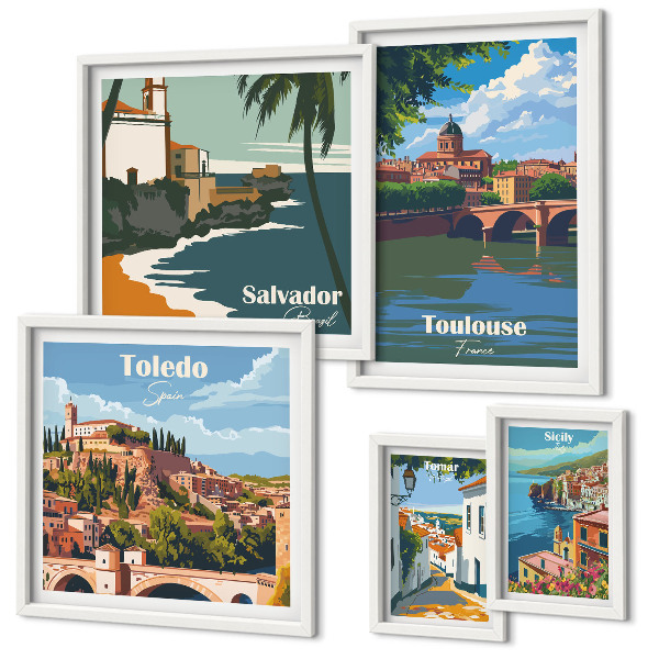 Ensemble de 5 tableaux Vues sur les villes européennes et les paysages