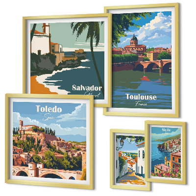 Ensemble de 5 tableaux Vues sur les villes européennes et les paysages