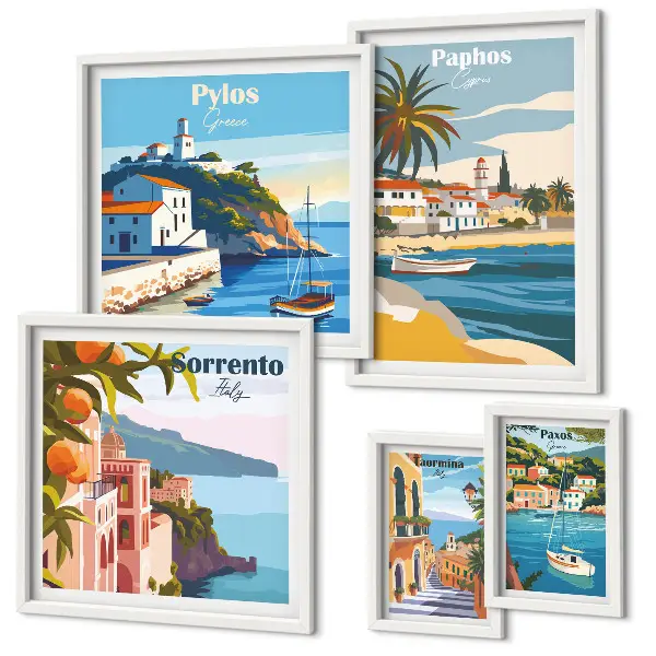 Ensemble de 5 tableaux représentant des paysages marins de villes d'Europe