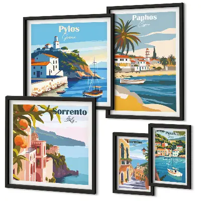 Ensemble de 5 tableaux représentant des paysages marins de villes d'Europe