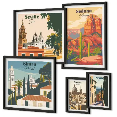 Ensemble de 5 tableaux représentant des paysages touristiques du monde