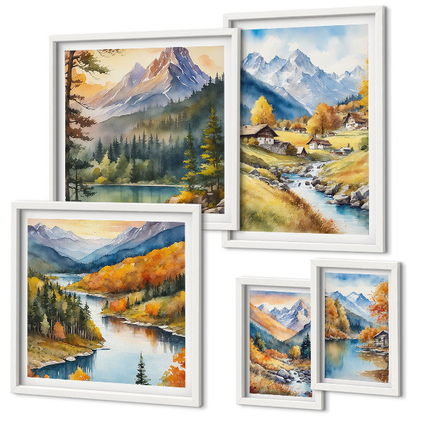 Lot de tableaux encadrés Paysages montagneux de la vallée fluviale