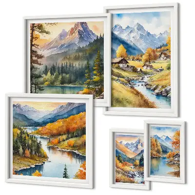 Tableaux encadrés lot de paysages de montagne en vallée fluviale