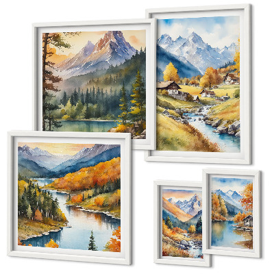 Lot de tableaux encadrés Paysages montagneux de la vallée fluviale