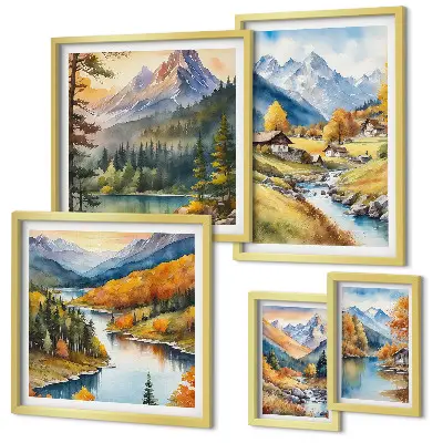 Tableaux encadrés lot de paysages de montagne en vallée fluviale
