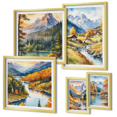 Lot de tableaux encadrés Paysages montagneux de la vallée fluviale