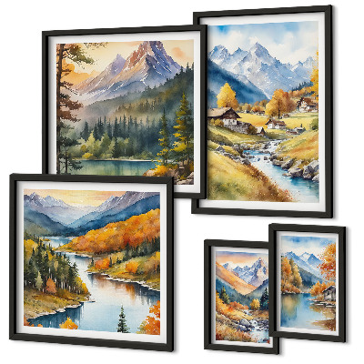 Lot de tableaux encadrés Paysages montagneux de la vallée fluviale