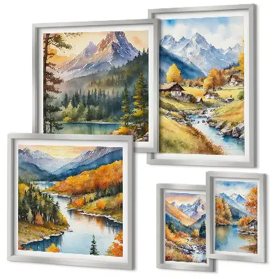 Tableaux encadrés lot de paysages de montagne en vallée fluviale