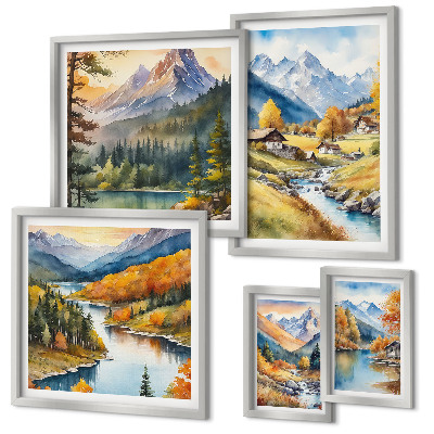 Lot de tableaux encadrés Paysages montagneux de la vallée fluviale