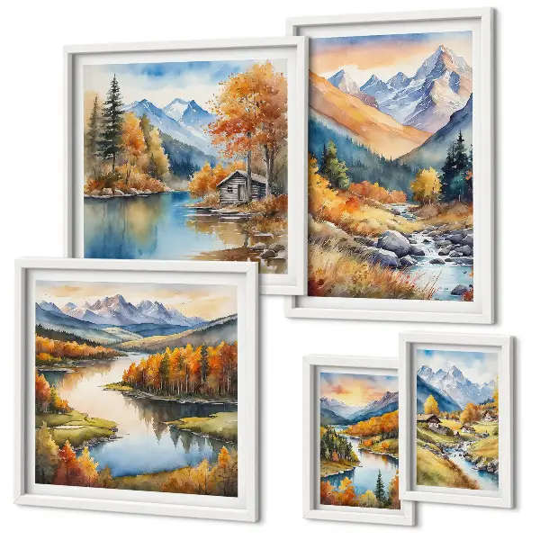 Ensemble de 5 tableaux représentant des montagnes, des rivières et des maisons en automne