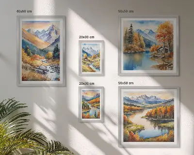Ensemble de 5 tableaux représentant des montagnes, des rivières et des maisons en automne