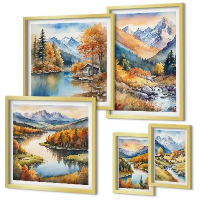 Ensemble de 5 tableaux représentant des montagnes, des rivières et des maisons en automne