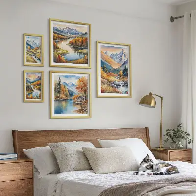 Ensemble de 5 tableaux représentant des montagnes, des rivières et des maisons en automne