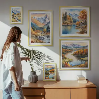 Ensemble de 5 tableaux représentant des montagnes, des rivières et des maisons en automne