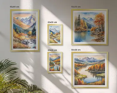 Ensemble de 5 tableaux représentant des montagnes, des rivières et des maisons en automne