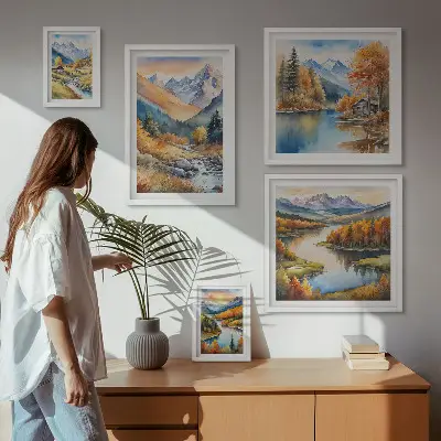 Ensemble de 5 tableaux représentant des montagnes, des rivières et des maisons en automne