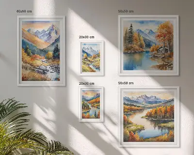 Ensemble de 5 tableaux représentant des montagnes, des rivières et des maisons en automne