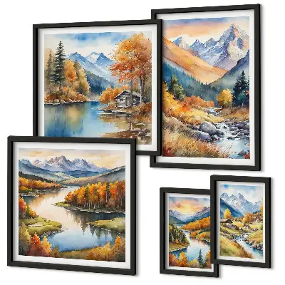 Ensemble de 5 tableaux représentant des montagnes, des rivières et des maisons en automne
