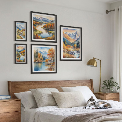 Ensemble de 5 tableaux Montagnes d'automne rivières maisons