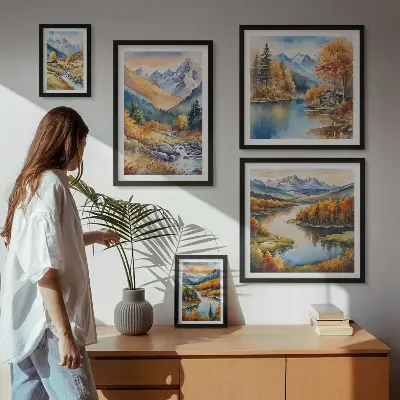 Ensemble de 5 tableaux représentant des montagnes, des rivières et des maisons en automne