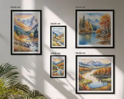 Ensemble de 5 tableaux représentant des montagnes, des rivières et des maisons en automne