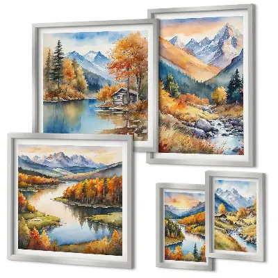 Ensemble de 5 tableaux représentant des montagnes, des rivières et des maisons en automne