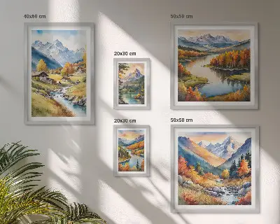 Lot de tableaux encadrés représentant des paysages de montagnes, de rivières et de forêts
