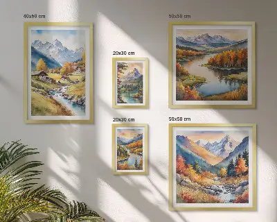 Lot de tableaux encadrés représentant des paysages de montagnes, de rivières et de forêts