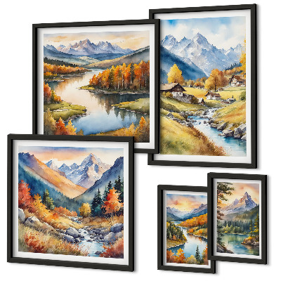 Lot de tableaux encadrés Paysages de montagnes, de rivières, de forêts