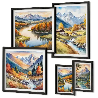 Lot de tableaux encadrés représentant des paysages de montagnes, de rivières et de forêts