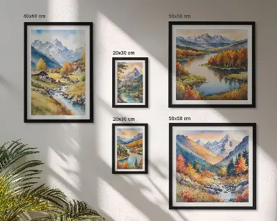 Lot de tableaux encadrés représentant des paysages de montagnes, de rivières et de forêts