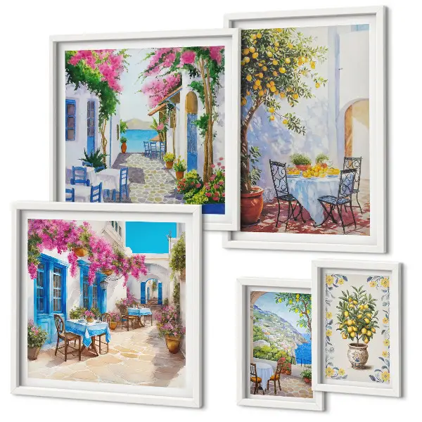 Ensemble de 5 tableaux représentant des paysages charmants avec des fleurs