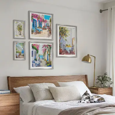 Ensemble de 5 tableaux représentant des paysages charmants avec des fleurs