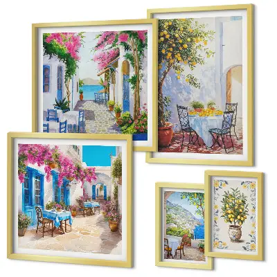 Ensemble de 5 tableaux représentant des paysages charmants avec des fleurs