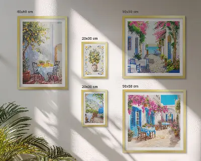 Ensemble de 5 tableaux représentant des paysages charmants avec des fleurs