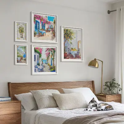 Ensemble de 5 tableaux représentant des paysages charmants avec des fleurs