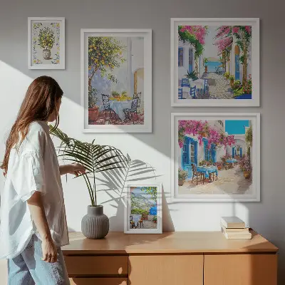 Ensemble de 5 tableaux représentant des paysages charmants avec des fleurs