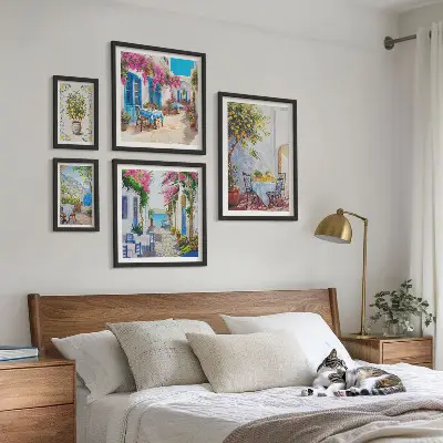 Ensemble de 5 tableaux représentant des paysages charmants avec des fleurs