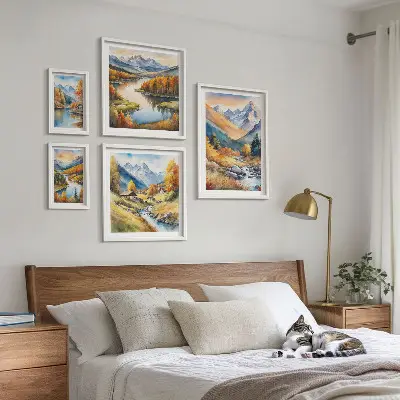 Lot de tableaux encadrés représentant des paysages de montagne en automne