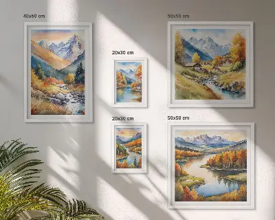 Lot de tableaux encadrés représentant des paysages de montagne en automne