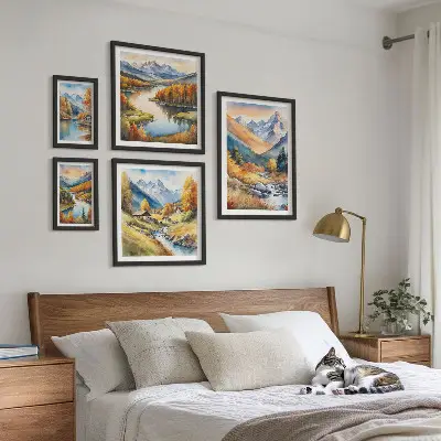 Lot de tableaux encadrés représentant des paysages de montagne en automne