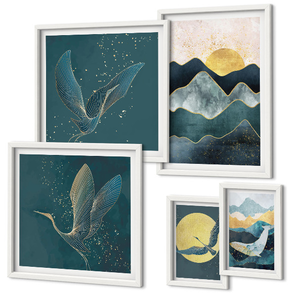 Tableau de décoration murale Montagnes élégantes, oiseaux, soleil