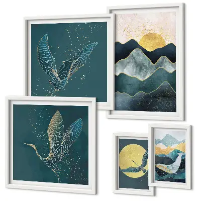 Tableau de décoration murale montagnes élégantes avec oiseaux et soleil