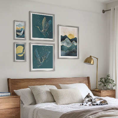 Tableau de décoration murale Montagnes élégantes, oiseaux, soleil